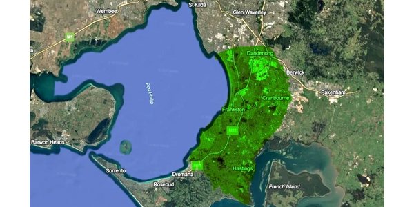 Map highlighting dandenong to mount martha area in green indicating available service