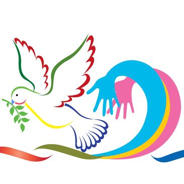 Colorful dove carrying olive branch with human hands in background.