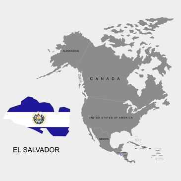 Map highlighting El Salvador with its flag and North America in gray.
