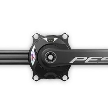 Close-up of a black bicycle crankset with a sleek design.