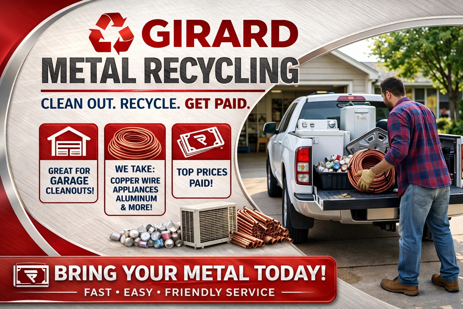 Man unloading metal items for recycling at Girard Metal Recycling with top prices paid.