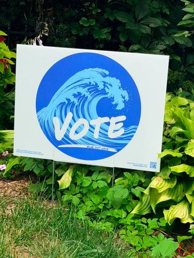 Yard sign with a wave and the word 'VOTE' in a garden.