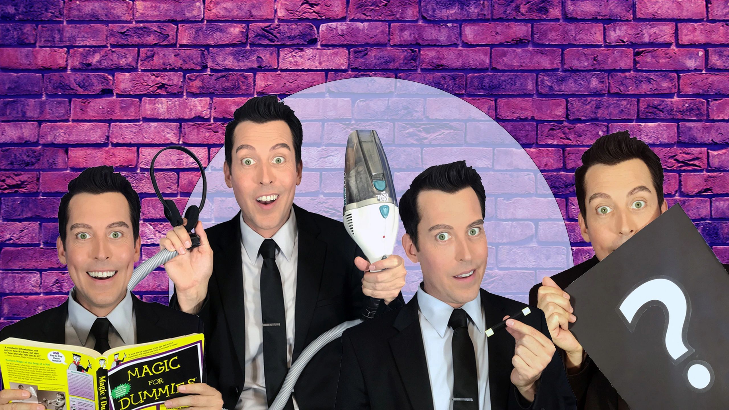 A man in a suit with multiple versions of himself holding magic-related items.