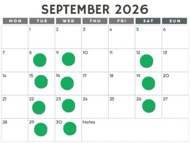 Calendar for September 2026 with green dots on select dates.