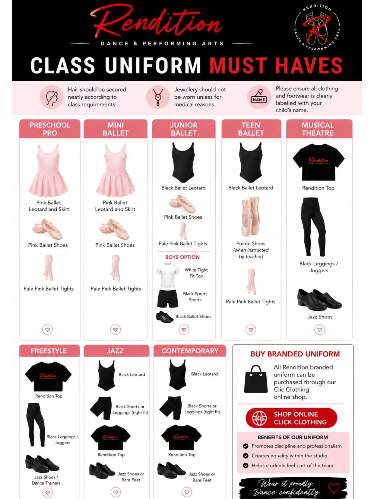 Rendition Dance &amp; Performing Arts class uniform requirements for different dance styles.