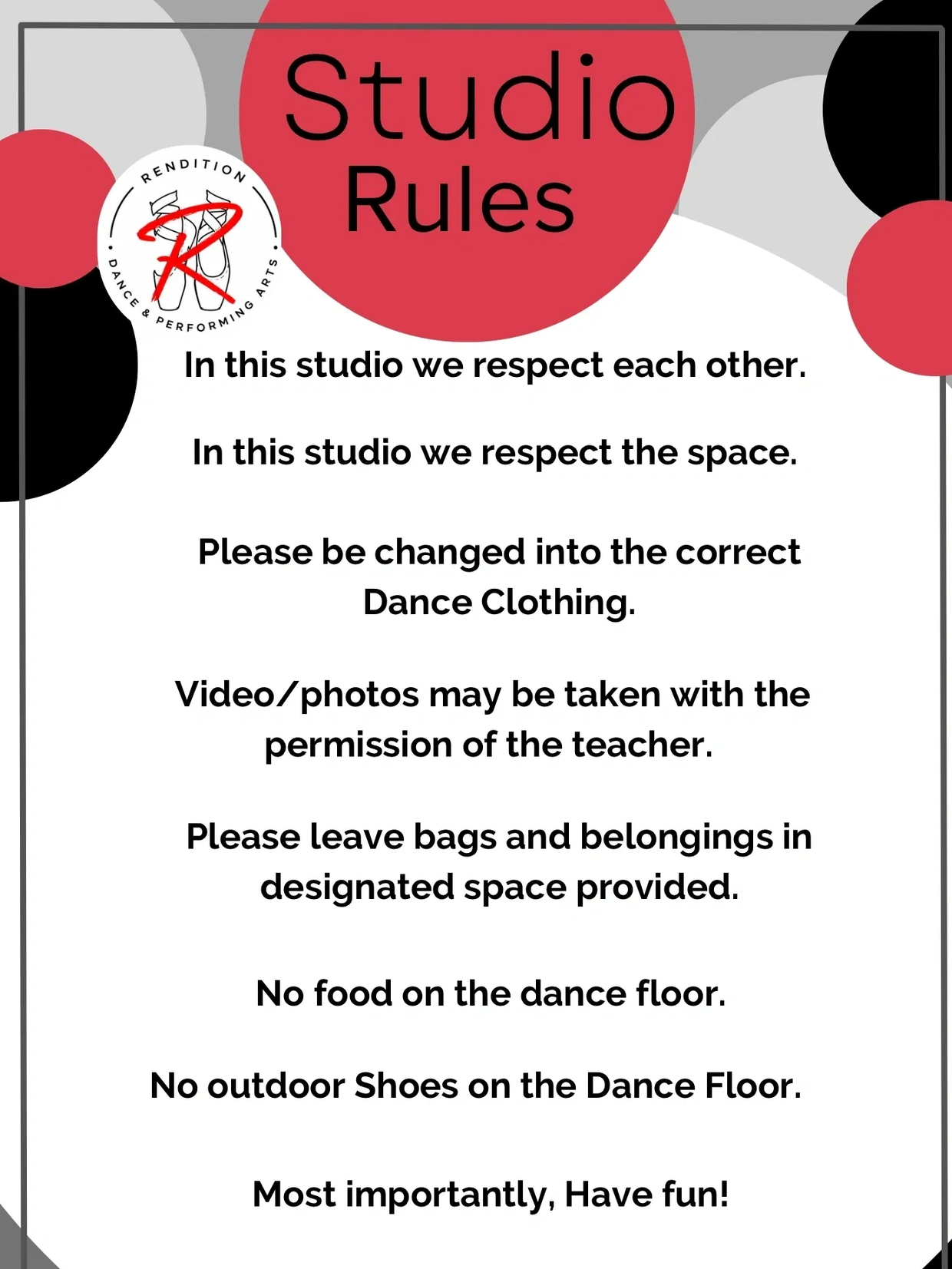 Studio rules for respect, proper attire, and safety.