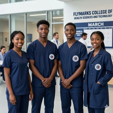 Four students in navy scrubs at Flymarks College Health Sciences.