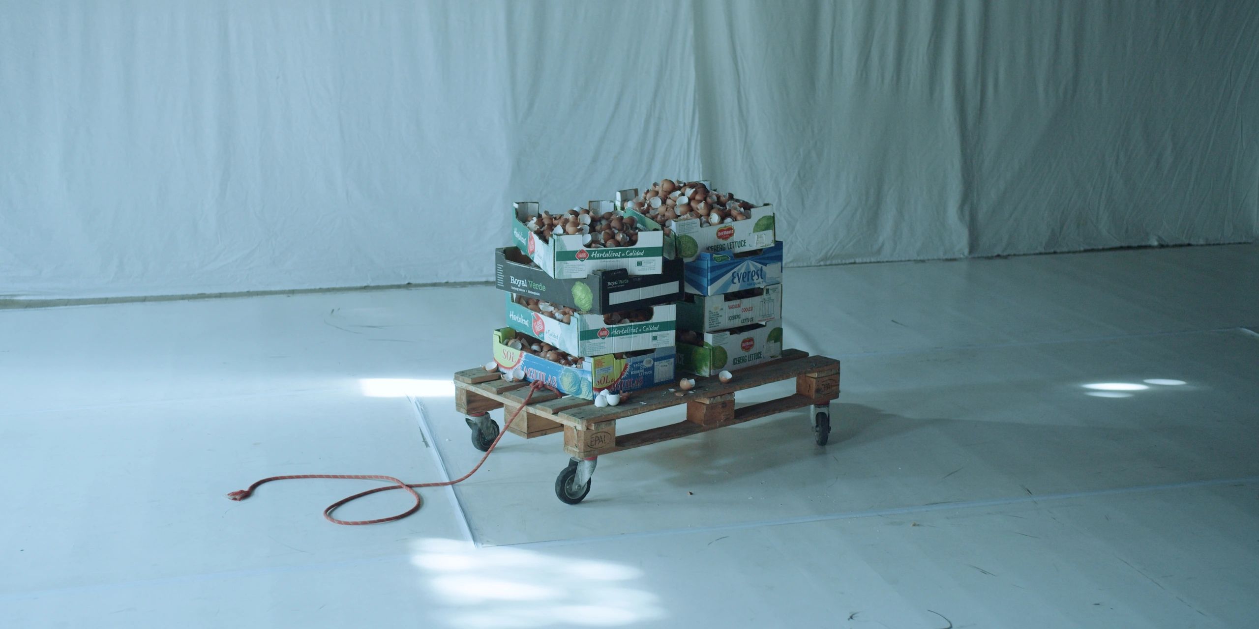 Wooden cart with boxes of onions in a minimalist setting.