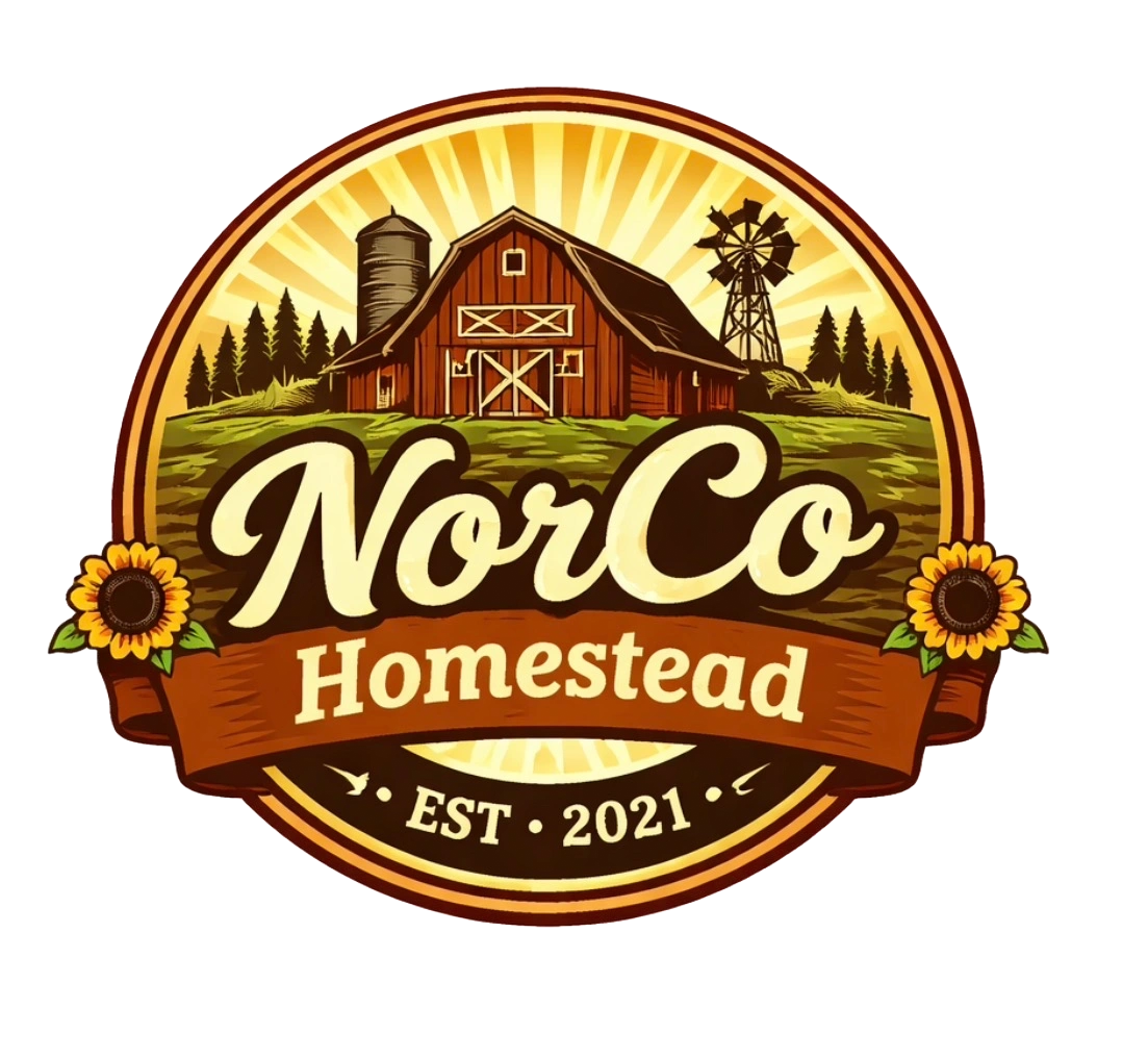 Rustic NorCo Homestead logo featuring a barn, windmill, and sunflowers.