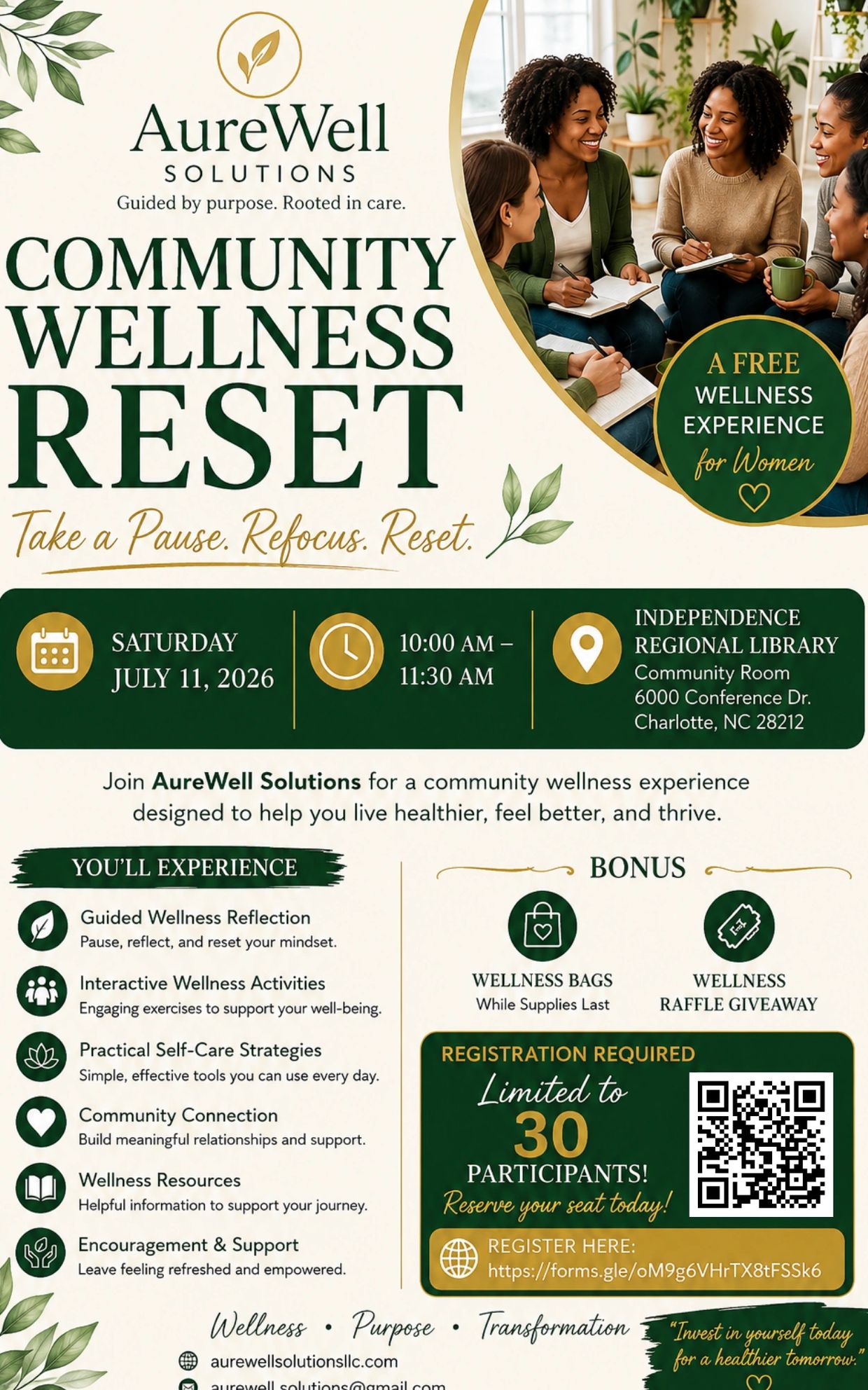 Community wellness reset event for women by AureWell Solutions on July 11, 2026.