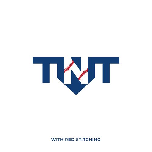 Logo with 'TNT' and red baseball stitching in navy blue and red.