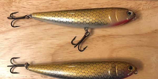 These gold lures produced some pretty violent top water strikes from both LMB and SMB in 2018. 