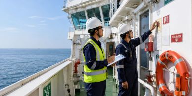 Two workers inspect safety equipment on a ship deck.