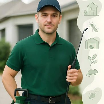 Pest control worker holding a sprayer, ready to treat a home.