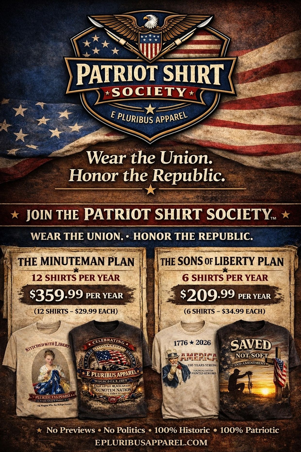 Advertisement for Patriot Shirt Society with patriotic t-shirt plans and prices.