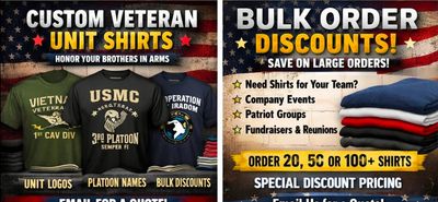 Custom veteran unit shirts with bulk order discounts for teams and events.