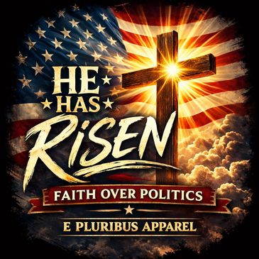 He Has Risen with American flag and cross.