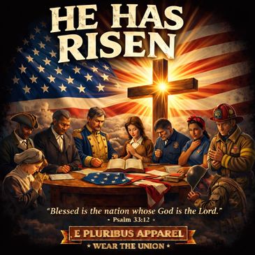 Patriotic religious scene with American flag and cross.