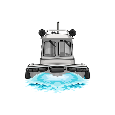 Front view of a tugboat moving through water.