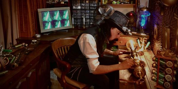 A man in steampunk attire working on a mechanical device in a vintage workshop.