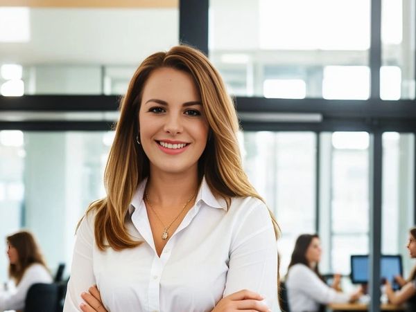 A woman smiling, standing with her arms crossed in an office with people working in the background.
