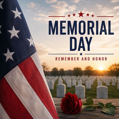 American flag, rose, and graveyard honoring Memorial Day.