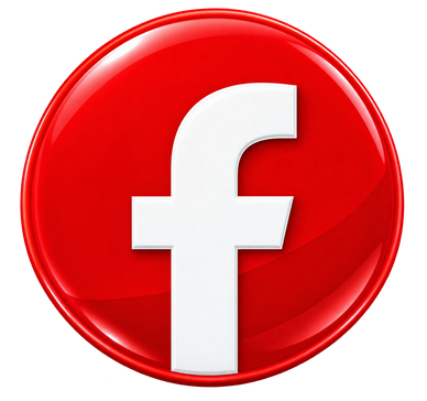 White Facebook logo on a red circular background.