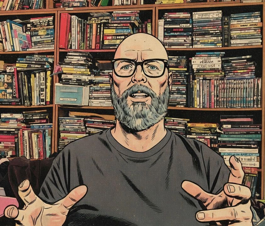 Illustrated man with glasses and beard in front of a filled bookshelf.