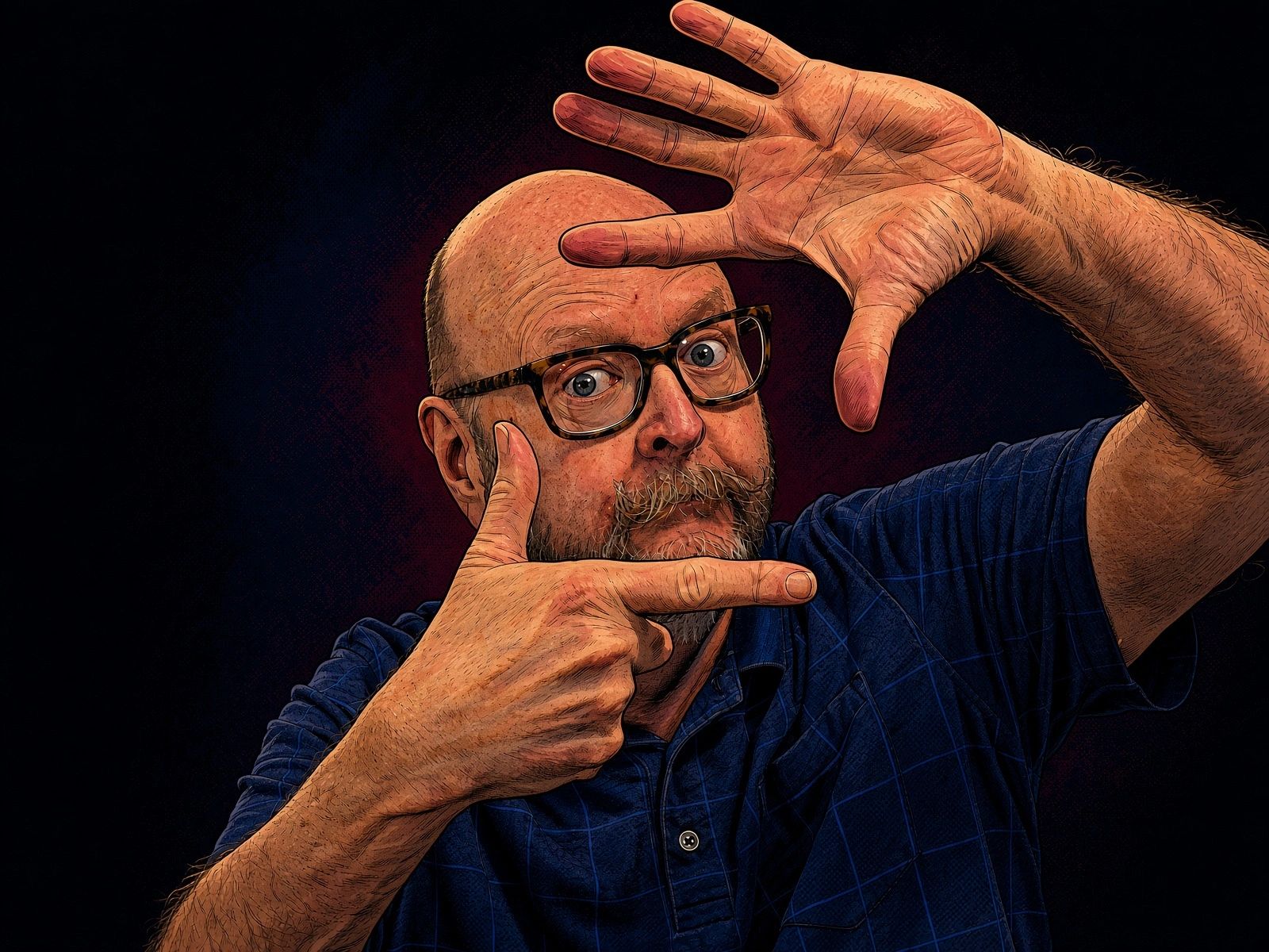 Bald man with glasses framing a shot with his hands.