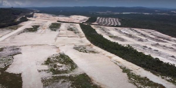 Deforested land with patches of remaining forest.