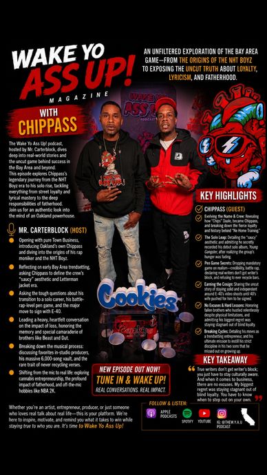 Promotional poster for Wake Yo Ass Up! podcast with Chippass, exploring Bay Area hip-hop and culture.