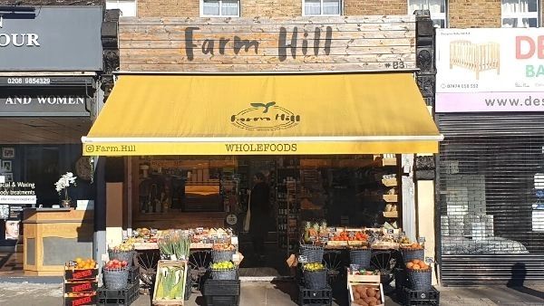 Outside view of Farm Hill Wholefoods in Hackney. They stock a variety of sea moss gel flavours.