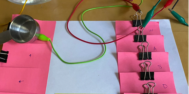 Lo Fidelity Prototype. Makey Makey wires linked to papers with letters written on them. 