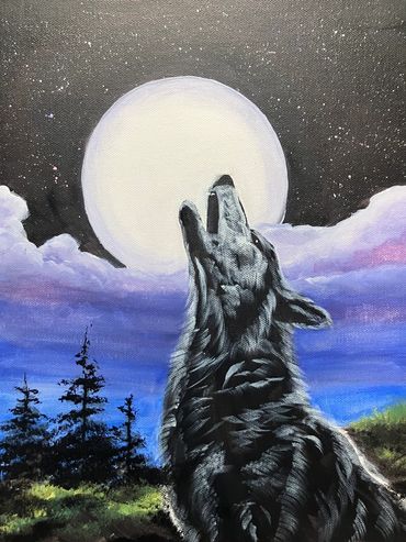 Wolf howling at the moon in blue