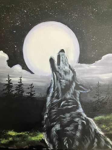 Wolf howling at the moon in white