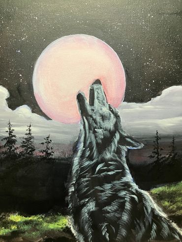 Wolf howling at the moon in Pink