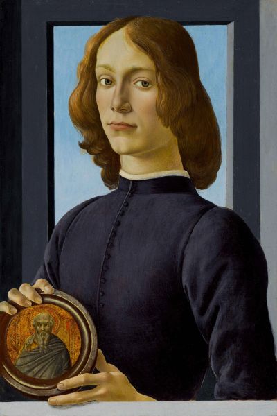 Renaissance portrait of a young man holding a round framed icon.