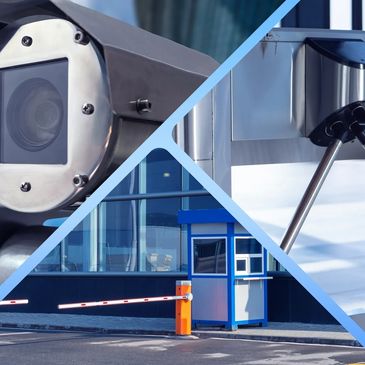 Security camera, barrier gate, and checkpoint booth for controlled access.