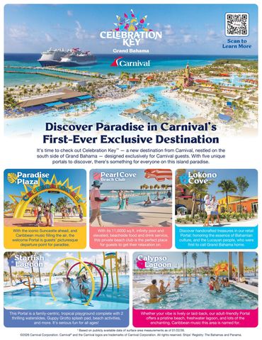 A vibrant aerial view of Carnival's exclusive Celebration Key in Grand Bahama with pools, beaches, and cruise ships.