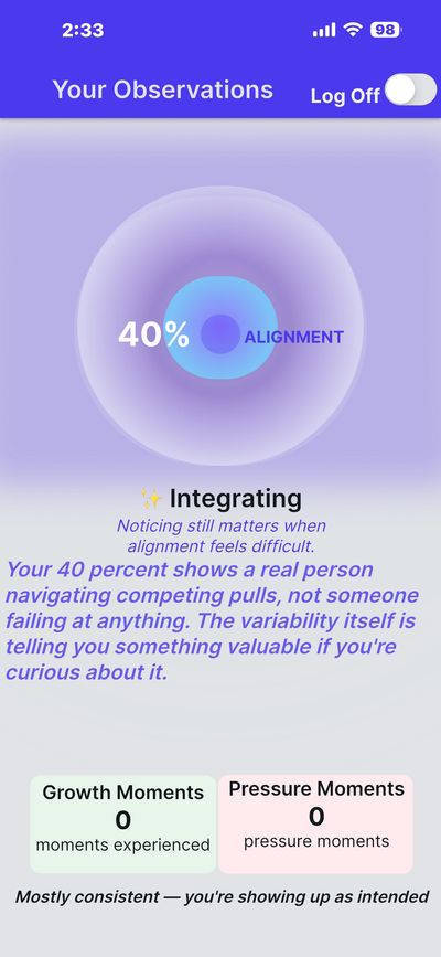 App showing 40% alignment with observations and no growth or pressure moments.