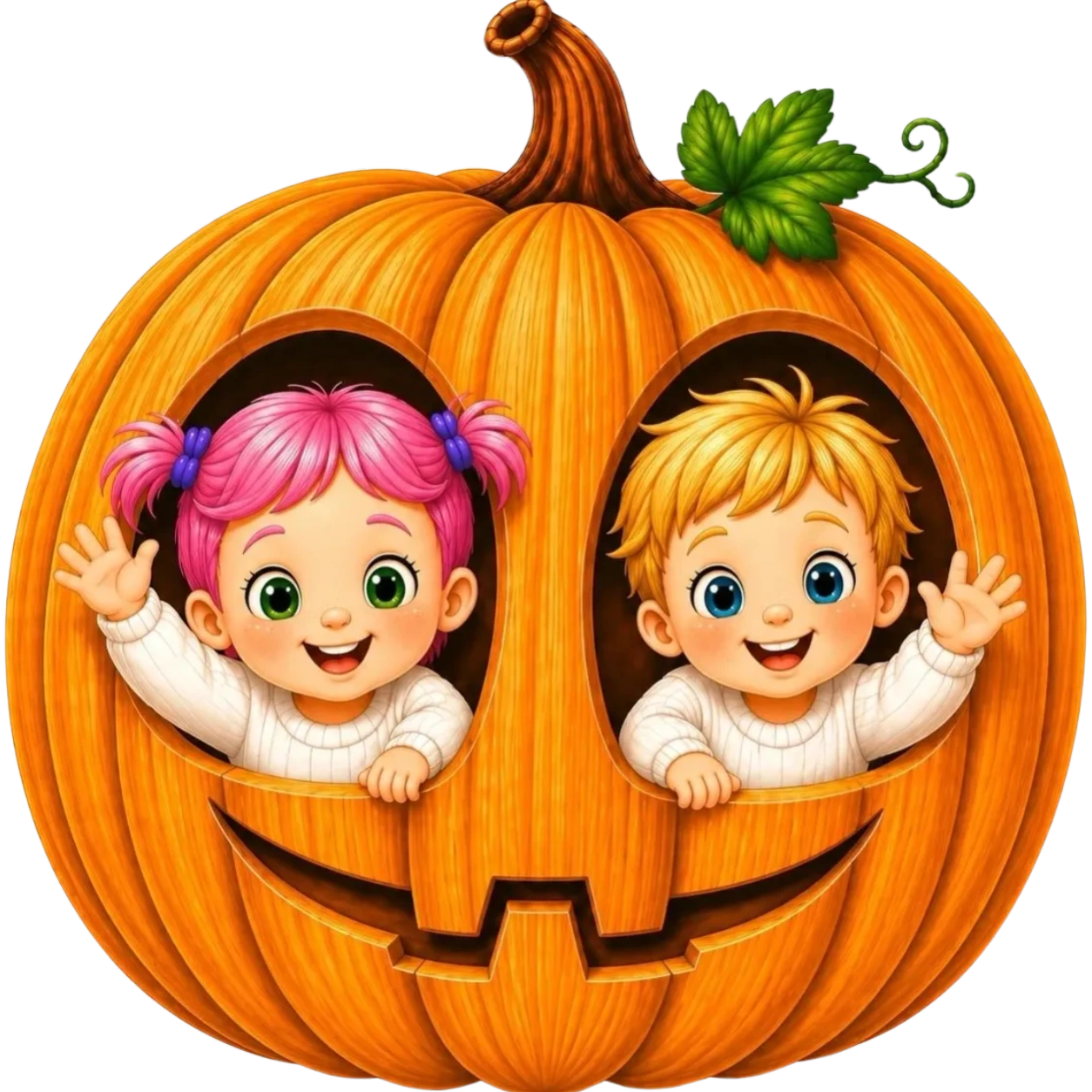 Two kids peeking from a carved pumpkin.