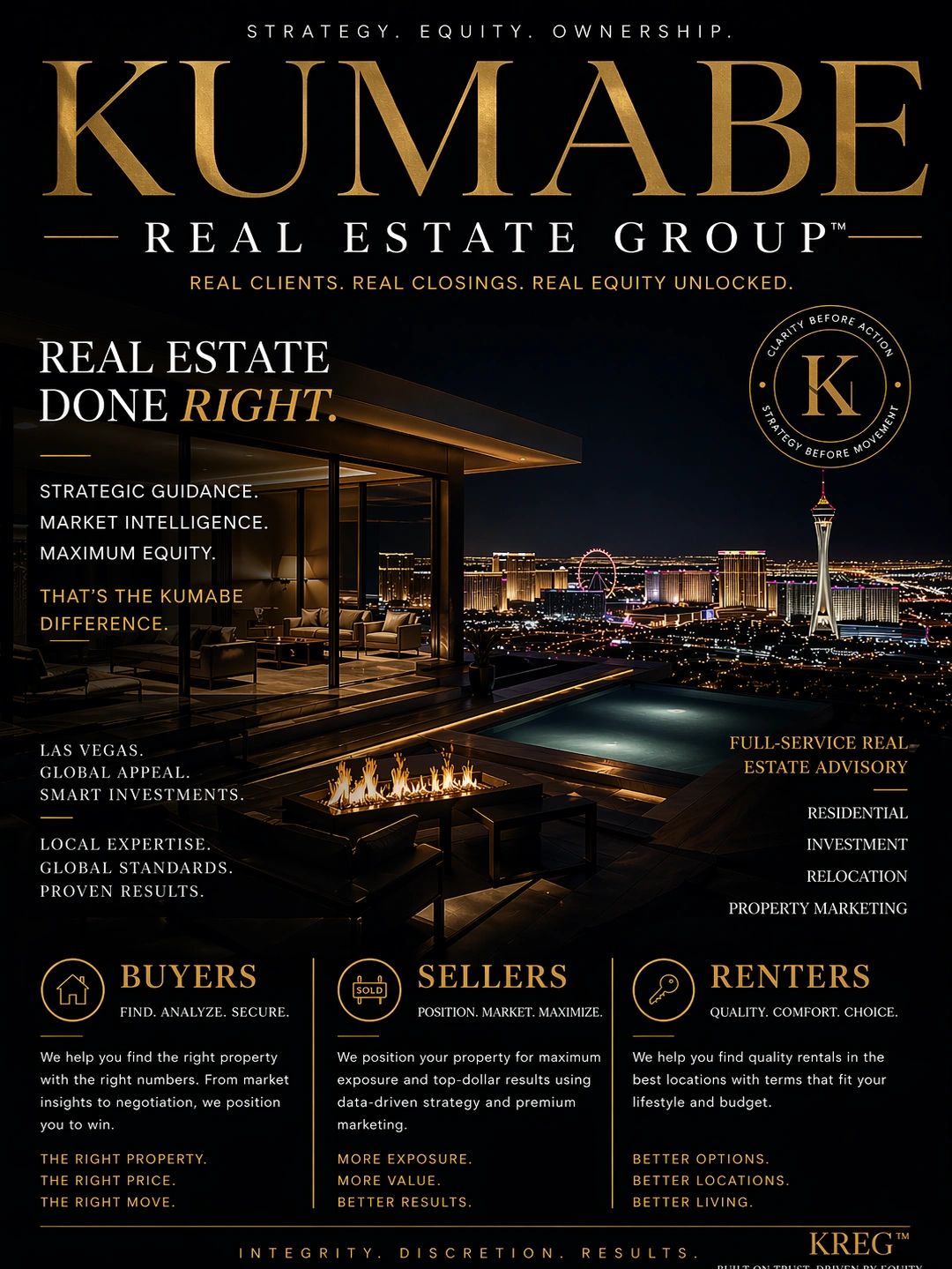 Luxury night view of a Las Vegas real estate ad by Kumabe Real Estate Group.