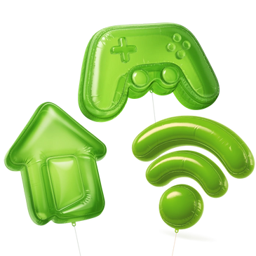 Green balloons shaped like a game controller, house, and Wi-Fi symbol.