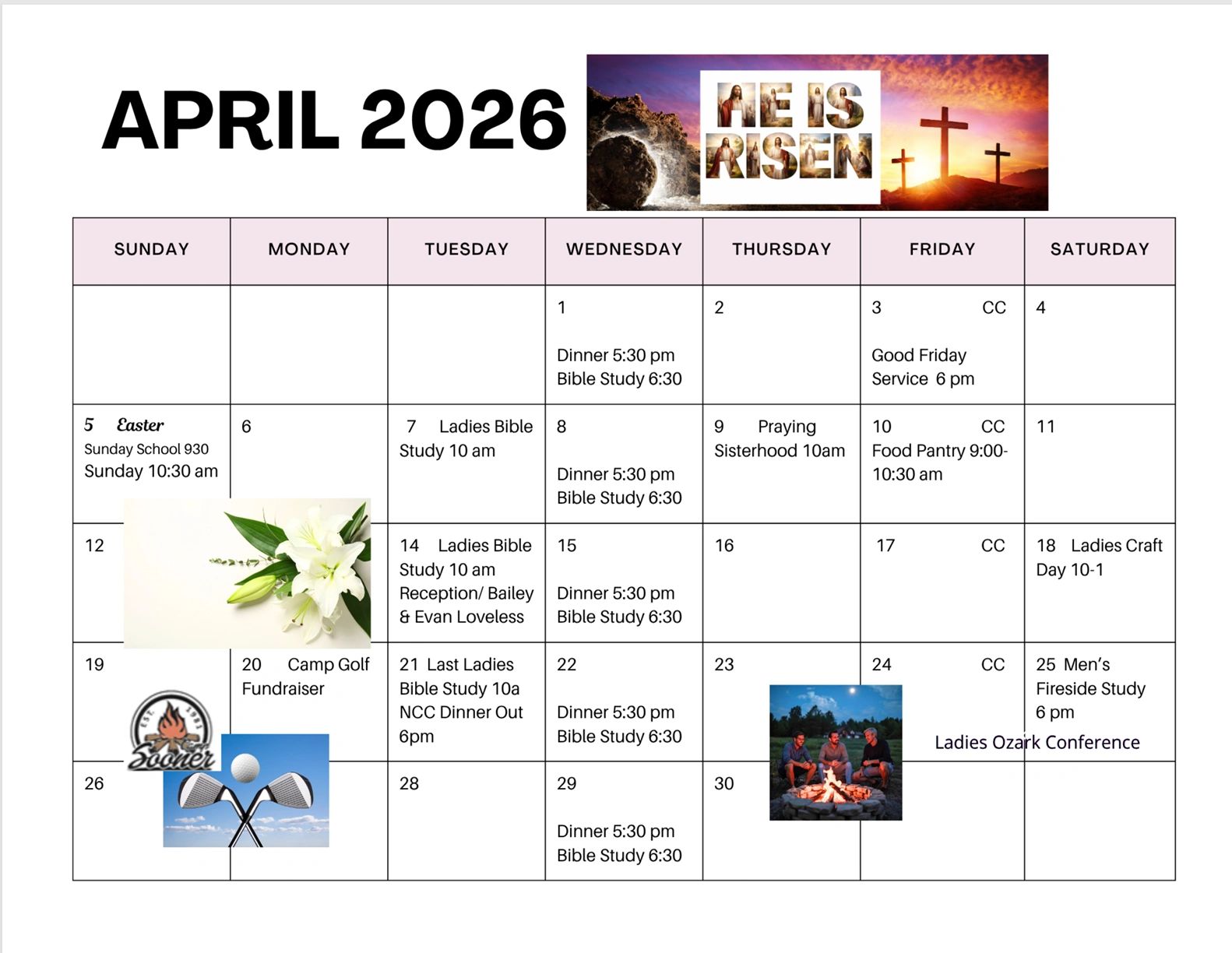 April 2026 calendar with church events, Bible studies, and community activities.