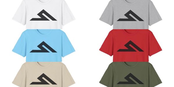Six t-shirts in different colors each with a black geometric logo on the front.