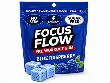 Blue raspberry flavored Focus Flow pre-workout gum in a blue pouch.