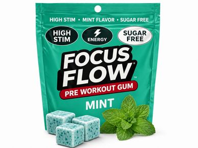 Mint-flavored Focus Flow pre-workout gum, high stim and sugar-free.