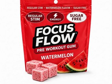 Focus Flow pre-workout gum in watermelon flavor with energy boost and sugar-free.