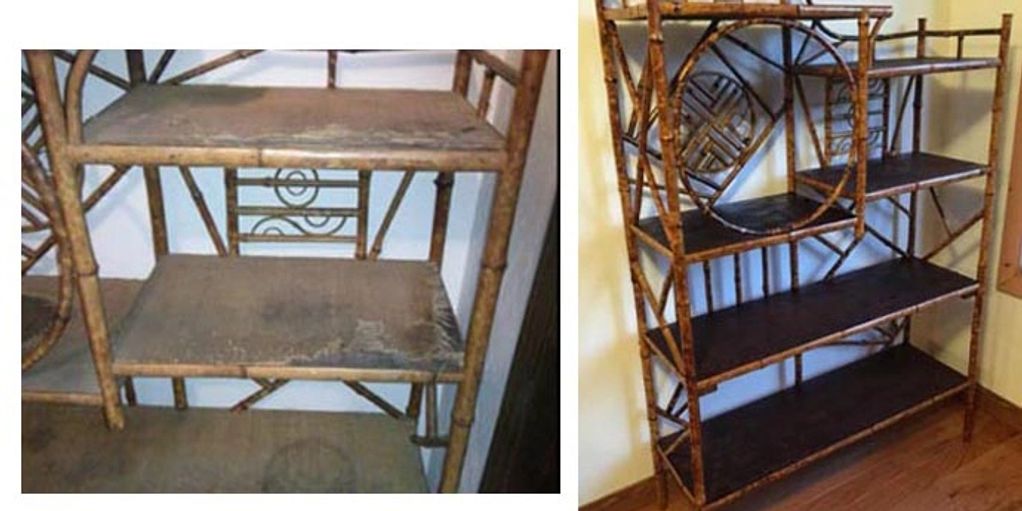 Herrin furniture refinishing of an antique cane shelf. Herrin furniture repair.