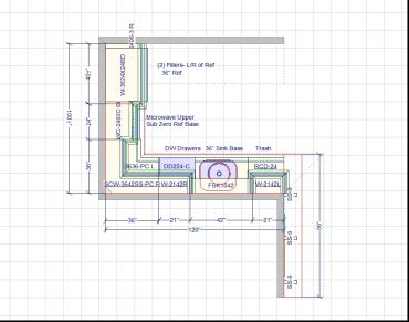 Kitchen layout with cabinet and appliance measurements.